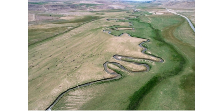 The river winds in Fancheng, Turkey, and the water level drops